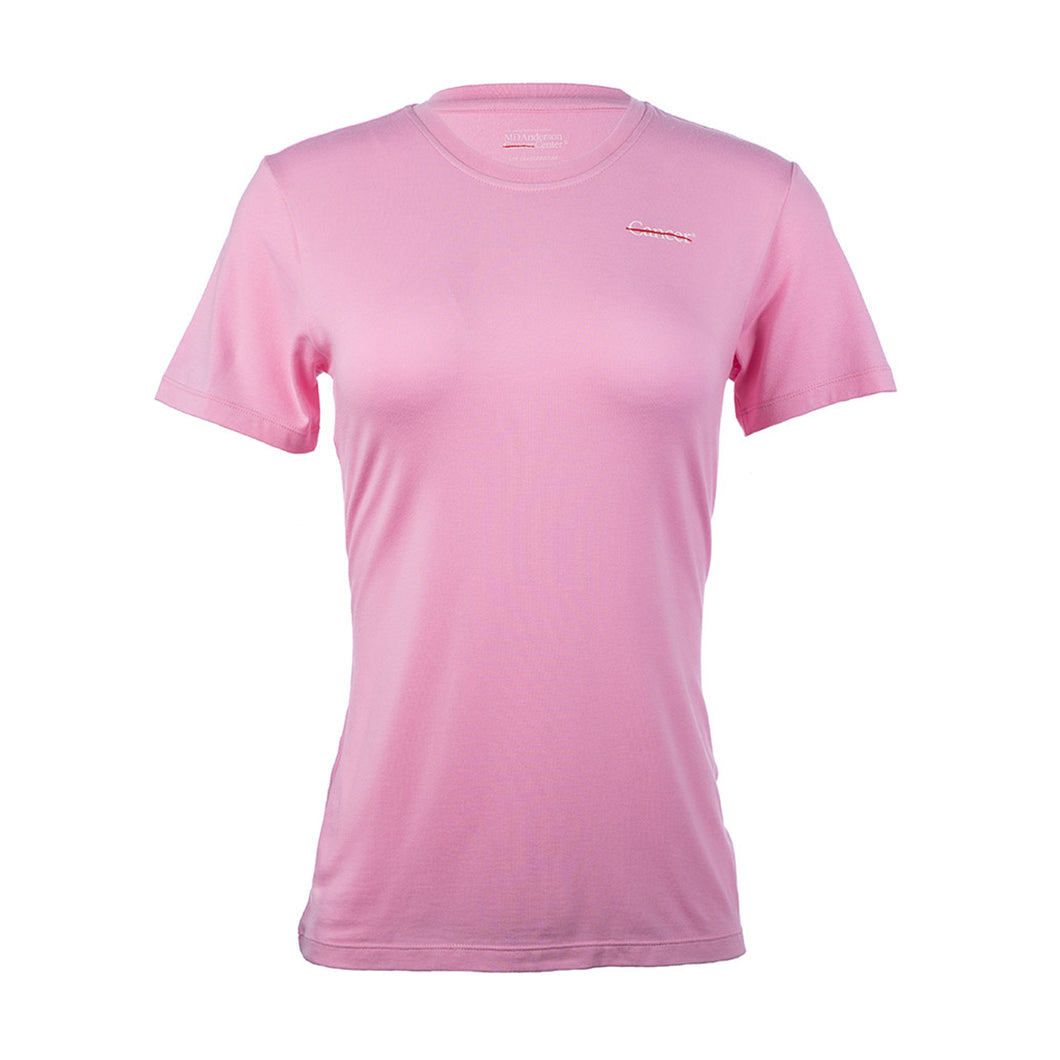 Pink shirt with white cancer strikethrough logo on the chest area.