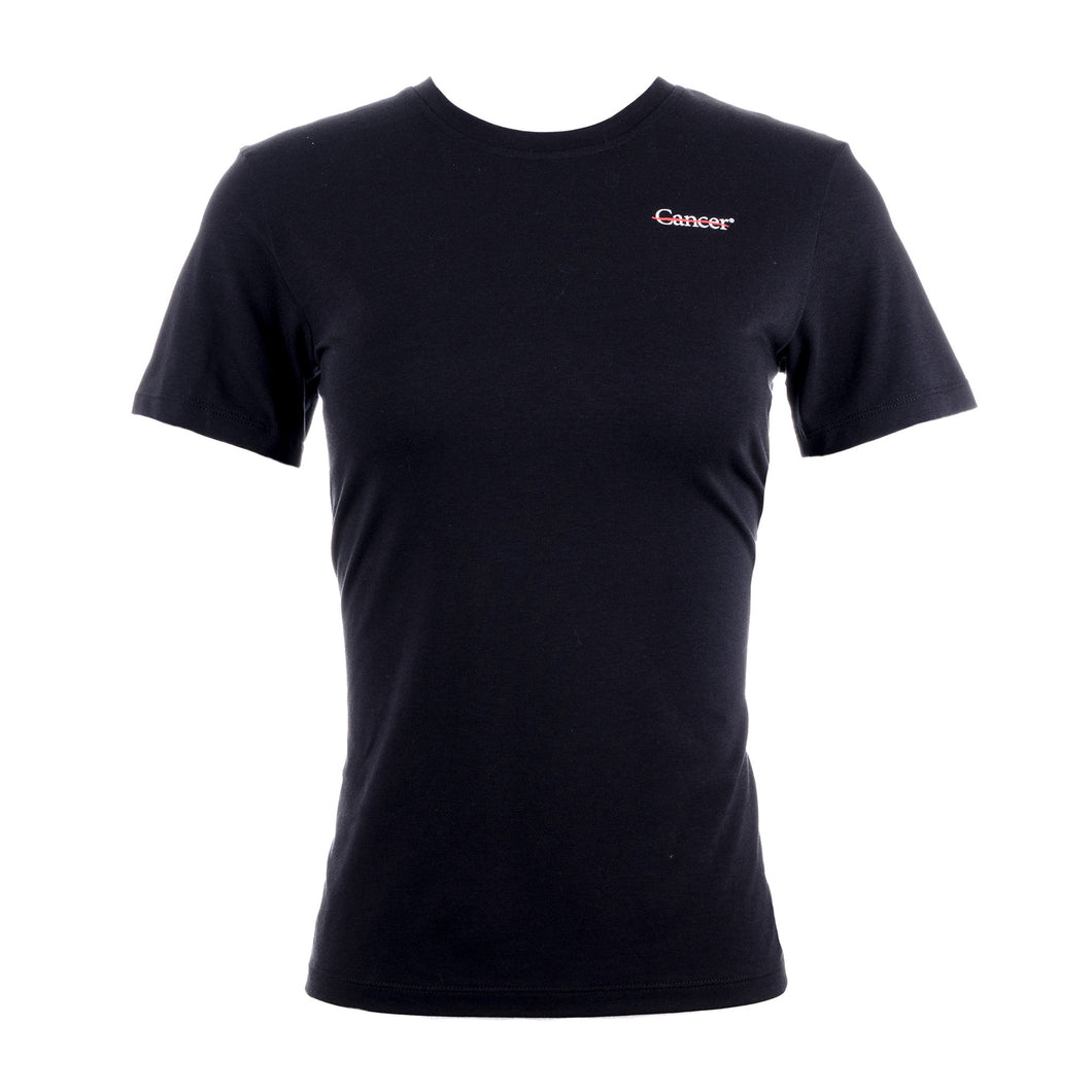 Black shirt with white cancer strikethrough logo on the chest area.