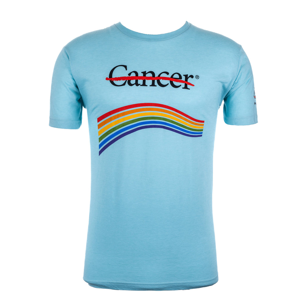 Light blue t-shirt featuring the black cancer strikethrough logo on the chest area and multiple colors underneath