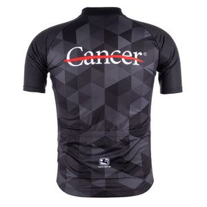 Back of black cycling jersey with a gray grid pattern featuring the white cancer strikethrough logo on the top and the GIORDANA logo on the bottom.