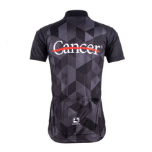 Back of black cycling jersey featuring the white cancer strikethrough logo at the top and the GIORDANA logo at the bottom.