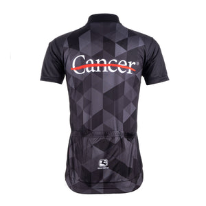 Back of black cycling jersey featuring the white cancer strikethrough logo at the top and the GIORDANA logo at the bottom.