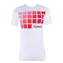 White shirt with a grid of pink colors blending from light to dark tones of pink featuring the black cancer strikethrough logo.