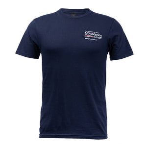 Navy shirt featuring the full white MD Anderson logo on the upper left chest area.