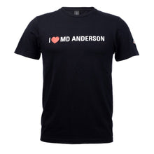 Black shirt featuring the phrase "I heart MD Anderson" on the chest area and the white cancer strikethrough logo on the sleeve.