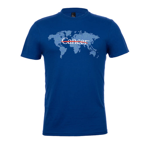 Blue t-shirt featuring a map of the world in different tones of blue dots, and the white cancer strikethrough logo in the middle.