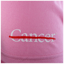 Closeup of white cancer strikethrough logo.