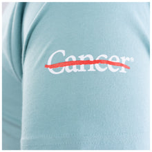 Closeup of white cancer strikethrough logo.