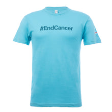 Caribbean blue shirt featuring the tagline #EndCancer in darker color with the white cancer strikethrough logo on the sleeve.