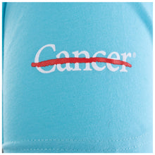 Closeup of white cancer strikethrough logo.