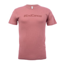 Mauve shirt featuring the tagline #EndCancer in darker color with the white cancer strikethrough logo on the sleeve.