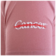 Closeup of white cancer strikethrough logo.