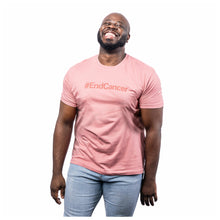 MD Anderson employee wearing a mauve shirt featuring the tagline #EndCancer in darker color with the white cancer strikethrough logo on the sleeve.