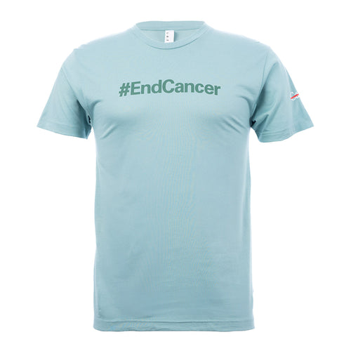 Light blue saltwater shirt featuring the tagline #EndCancer in darker color with the white cancer strikethrough logo on the sleeve.