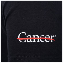 Closeup of white cancer strikethrough logo.
