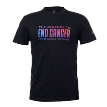 Black shirt featuring the multicolor gradient tagline "The Journey to End Cancer from Cause to Cure".