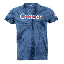 Blue tie-dye shirt featuring the white cancer strikethrough logo on the chest and the white UT MD Anderson logo on the sleeve.