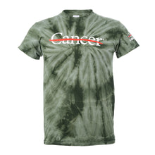 Green tie-dye shirt featuring the white cancer strikethrough logo on the chest and the white UT MD Anderson logo on the sleeve.