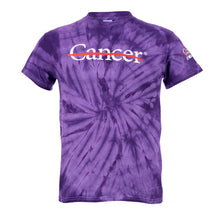 Purple tie-dye shirt featuring the white cancer strikethrough logo on the chest and the white UT MD Anderson logo on the sleeve.