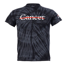 Black tie-dye shirt featuring the white cancer strikethrough logo on the chest and the white UT MD Anderson logo on the sleeve.