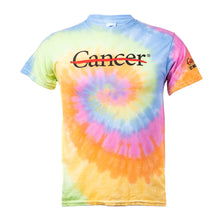 Tie-dye shirt featuring the black cancer strikethrough logo on the chest and the black UT MD Anderson logo on the sleeve.