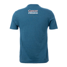 Back view of the blue short-sleeve crewneck t-shirt featuring the full white UT MD Anderson logo printed on the upper back.