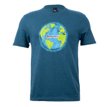 Blue short-sleeve crewneck t-shirt featuring a stylized graphic of planet Earth on the chest, with the strikethrough logo in the middle.