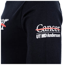 Closeup of full white MD Anderson logo on sleeve.