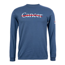 Indigo blue long sleeve shirt featuring the white cancer strikethrough logo.
