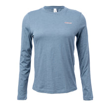 Long-sleeve heather teal BELLA+CANVAS shirt featuring the white cancer strikethrough logo on the upper left side of the chest area.