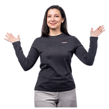 MD Anderson employee wearing a long-sleeve heather gray BELLA+CANVAS shirt featuring the white cancer strikethrough logo on the upper left side of the chest area.