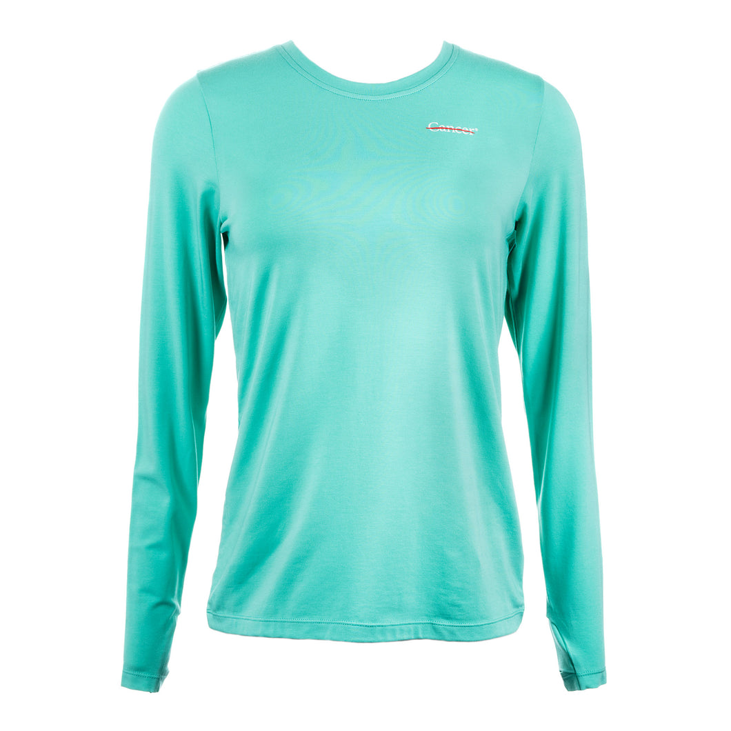 Turquoise long sleeve shirt featuring the white cancer strikethrough logo on the upper left chest area.