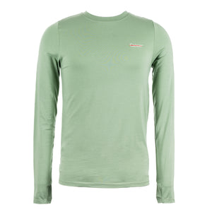 Basil green long sleeve shirt featuring the white cancers strikethrough logo on the upper left chest area.