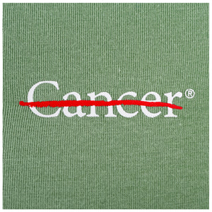 Closeup of the white cancer strikethrough logo.