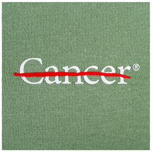 Closeup of white cancer strikethrough logo.