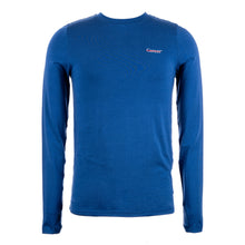 Blue long sleeve shirt featuring the white cancer strikethrough logo on the upper left chest area.