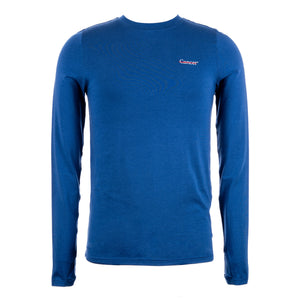 Blue long sleeve shirt featuring the white cancer strikethrough logo on the upper left chest area.