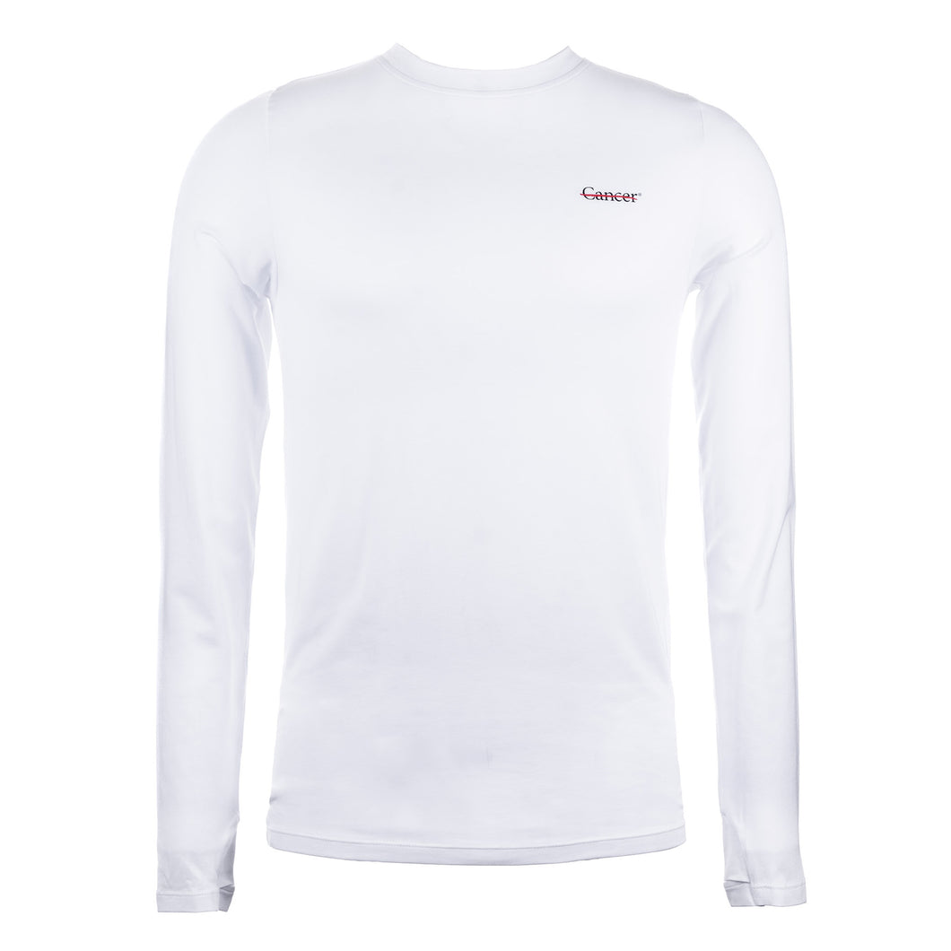 White long sleeve shirt featuring the black cancer strikethrough logo on the upper left chest area.