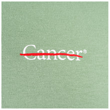 Closeup of white cancer strikethrough logo.