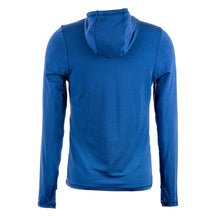 Back of blue pullover with a hood.