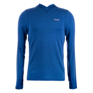 Blue pullover featuring the white cancer strikethrough logo on the upper left chest area.