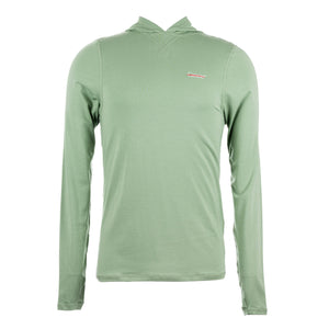 Basil green pullover featuring the white cancer strikethrough logo on the upper left chest area.