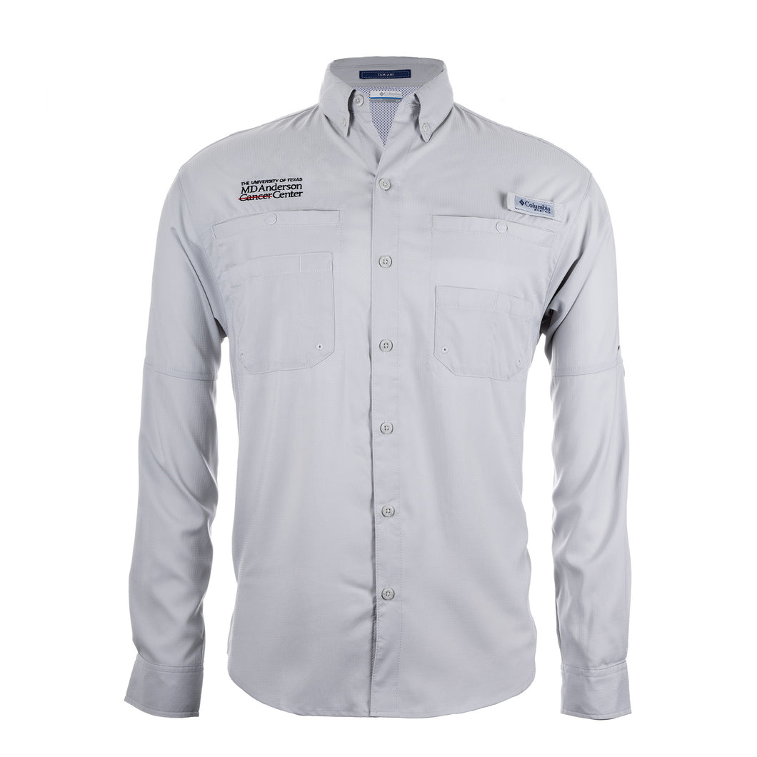 Columbia button up shirt featuring the black MD Anderson logo on the upper right chest area and the Columbia logo on the upper left chest area with front chest pockets.