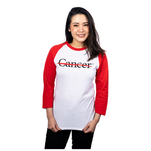 MD Anderson raglan shirt with red sleeves featuring the black cancer strikethrough logo on the chest area.