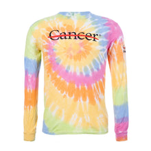 Multicolor long sleeve tie-dye shirt featuring the black cancer strikethrough logo on the chest and the black UT MD Anderson logo on the sleeve.