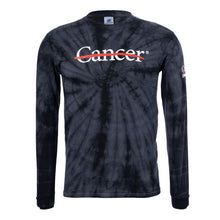 Black long sleeve tie-dye shirt featuring the white cancer strikethrough logo on the chest and the white UT MD Anderson logo on the sleeve.