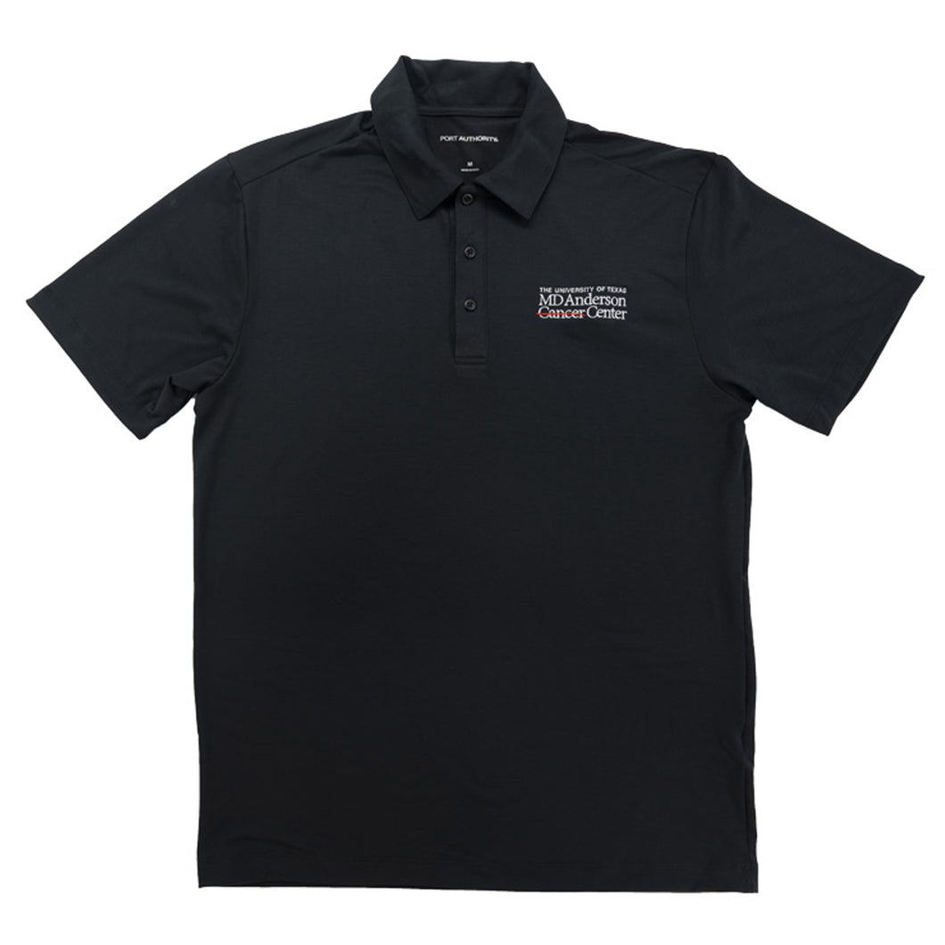 Black polo t-shirt featuring the white MD Anderson logo.