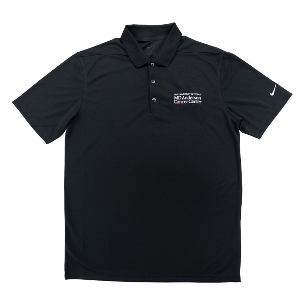 Black Nike Dri-Fit polo featuring the white MD Anderson logo on the chest area and the Nike logo on the sleeve.