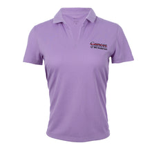 Urban Lilac Nike polo with a V-neck featuring the black UT MD Anderson logo on the chest and the black Nike logo on the sleeve.