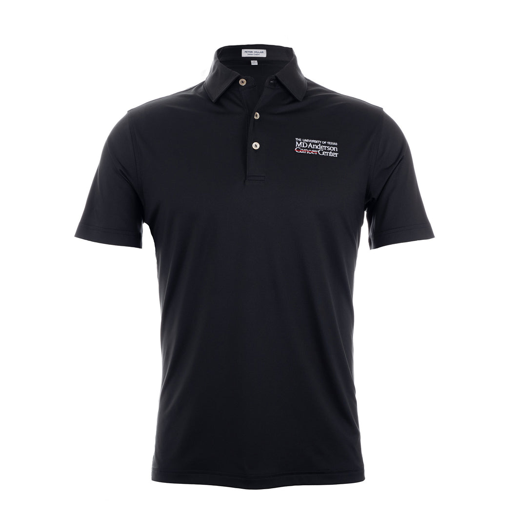 Black Peter Millar polo featuring the full white MD Anderson logo on the upper left chest area.